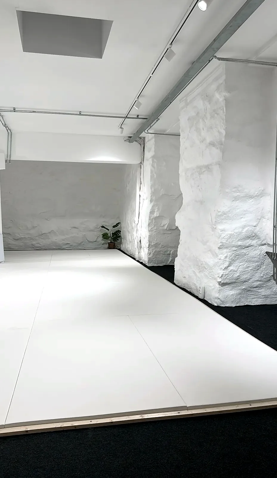 Whitewashed stone wall and skylight